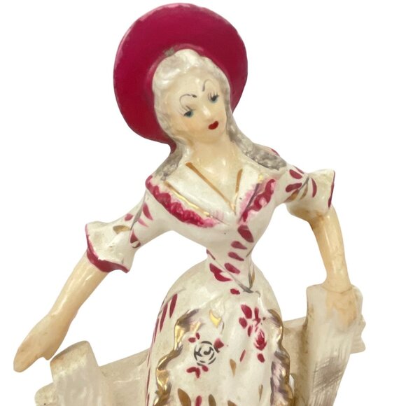 Vintage Hand-Painted Ceramic Figurine Of Woman In Red Bonnet & Dress - Picture 6 of 8